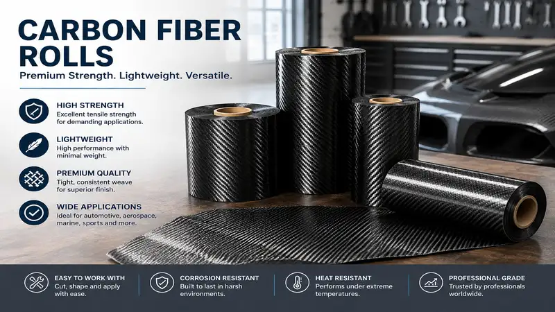 carbon fiber rolls displayed in a professional workshop with premium woven texture for composite manufacturing applications.