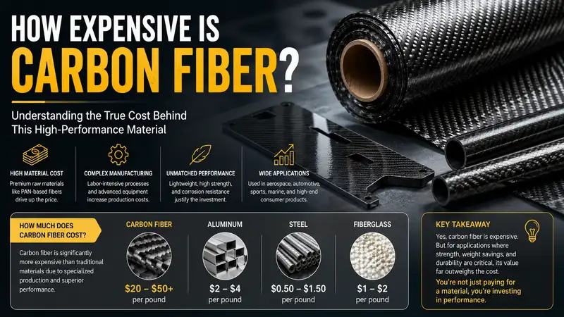 Infographic explaining how expensive is carbon fiber with production costs, material pricing, and common applications.