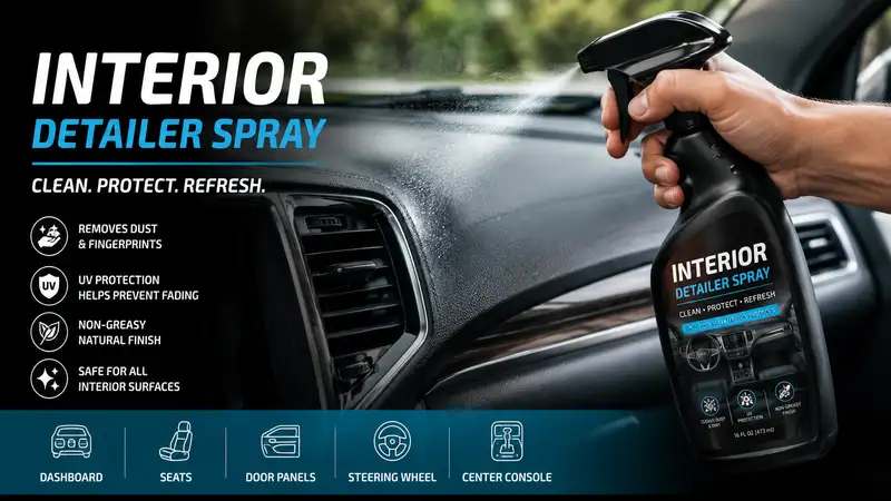 Interior detailer spray being applied to a car dashboard for a clean and polished finish