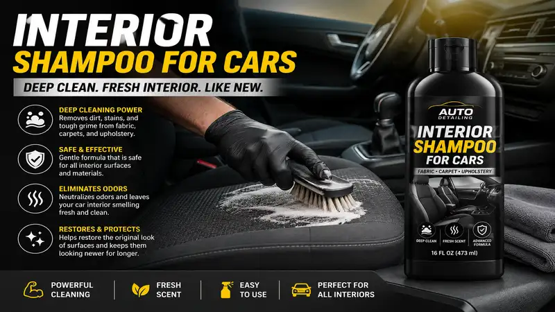 interior shampoo for cars removing dirt, stains, and odors from fabric seats, carpets, and vehicle interiors.