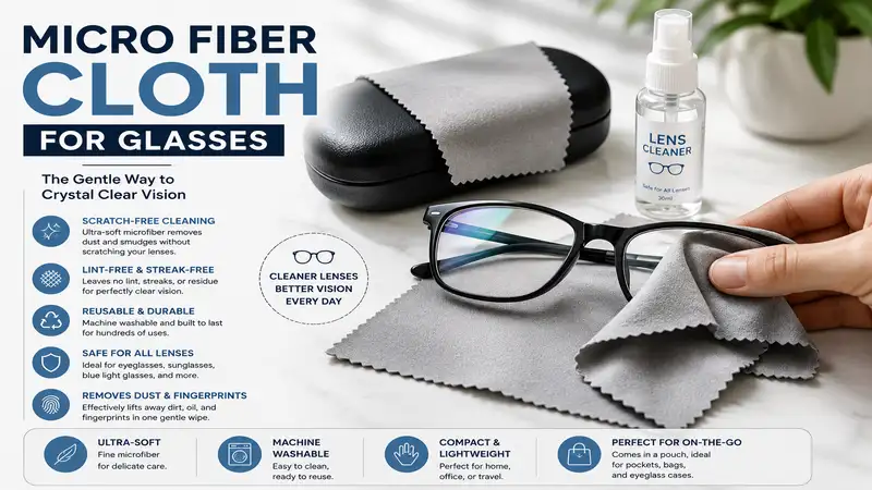 micro fiber cloth for glasses neatly folded beside eyeglasses, providing a soft and lint-free solution for crystal-clear lenses.