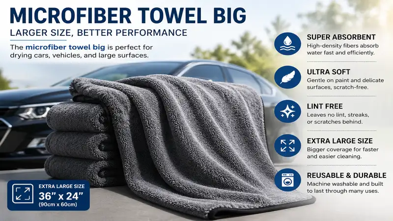 Large microfiber towel big enough for drying cars, vehicles, and large surfaces