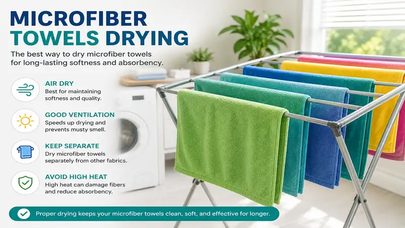 Microfiber towels drying on a rack after washing in a bright, well-ventilated laundry room
