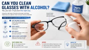 Applying alcohol to eyeglass lenses while explaining can you clean glasses with alcohol safely.