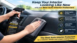 Best auto interior protectant being applied to a car dashboard for UV protection and a clean finish.