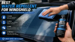 Best water repellent for windshield being applied evenly with a microfiber cloth on automotive glass