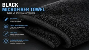 Close-up of black microfiber towel showing ultra-soft lint-free microfiber fibers