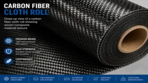 Close-up view of a carbon fiber cloth roll showing woven composite material texture