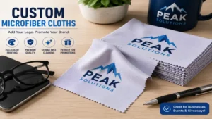Custom microfiber cloths printed with a company logo for promotional and business branding purposes
