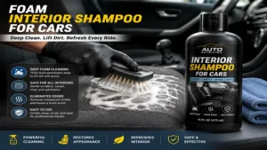 Foam interior shampoo for cars lifting embedded dirt from cloth seats and floor mats.