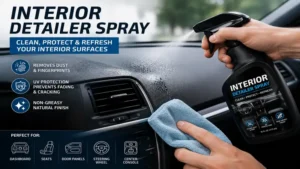 Interior detailer spray cleaning dust and fingerprints from a vehicle dashboard