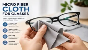 Hands using a micro fiber cloth for glasses to gently remove fingerprints and dust from eyeglass lenses.