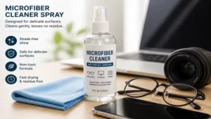 Microfiber cleaner spray bottle designed for cleaning eyeglasses, screens, and camera lenses without streaks.