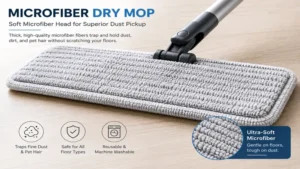 Close-up of a microfiber dry mop head showing soft microfiber fibers for superior dust collection