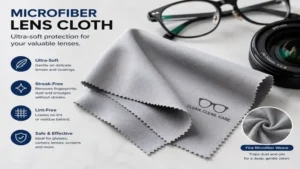 Soft microfiber lens cloth removing fingerprints, dust, and smudges from optical lenses.