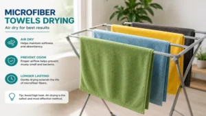 Microfiber towels drying naturally on a clothes drying rack indoors