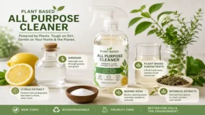 Natural ingredients used to make plant based all purpose cleaner, including citrus, vinegar, and botanical extracts.