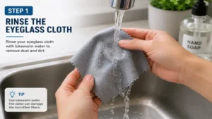 First step in how to wash eyeglass cloth by rinsing it with lukewarm water