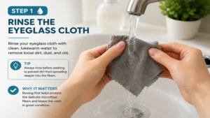 How do you clean eyeglass cloths by rinsing the microfiber cloth with clean lukewarm water before washing