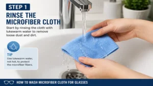 First step in how to wash microfiber cloth for glasses by rinsing the cloth with lukewarm water before cleaning.