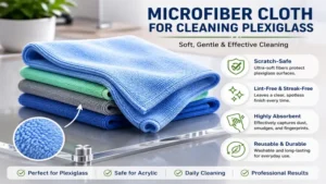 Soft microfiber cloth for cleaning plexiglass providing a streak-free finish on clear acrylic panels