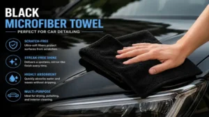 black microfiber towel wiping a car paint surface for a scratch-free glossy finish