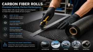 Technician cutting carbon fiber rolls with precision tools for custom composite fabrication.