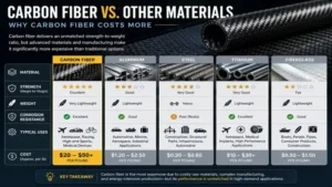 Comparison illustrating how expensive is carbon fiber versus aluminum and steel for lightweight engineering projects.