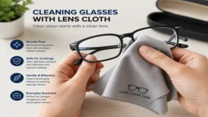 Using a lens cloth to clean prescription glasses for a crystal-clear, streak-free finish.