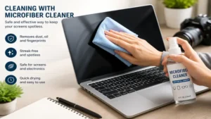 Using microfiber cleaner with a soft microfiber cloth to clean a laptop screen safely.