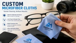 Custom microfiber cloths designed for safely cleaning eyeglasses, screens, and delicate surfaces