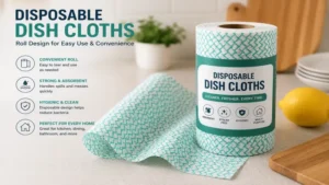 Roll of disposable dish cloths designed for quick access and convenient household cleaning tasks