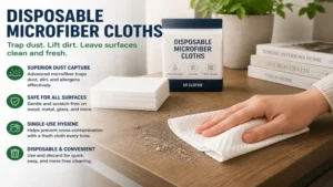 Disposable microfiber cloths capturing dust, allergens, and debris from furniture and wood surfaces