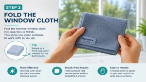 How to use norwex window cloth by folding the cloth into sections for more effective window cleaning.