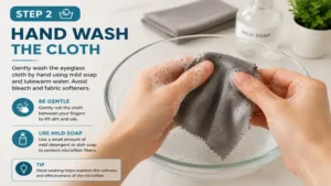 How do you clean eyeglass cloths using gentle hand washing with mild soap and warm water
