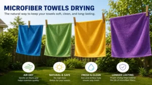 Freshly washed microfiber towels drying on a clothesline outdoors in the sunshine