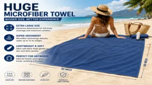 Huge microfiber towel spread out at the beach with quick-drying performance