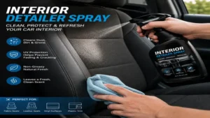 Using interior detailer spray to refresh and protect car seat surfaces