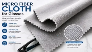 Close-up of a micro fiber cloth for glasses showing its ultra-soft texture for safe lens cleaning.