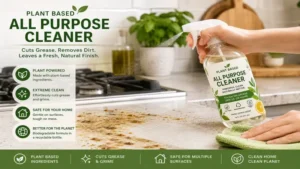 plant based all purpose cleaner removing grease from a kitchen counter while leaving a fresh natural finish.