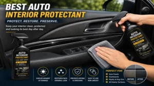 Best auto interior protectant used on a car door panel to restore a rich, like-new appearance.