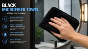 black microfiber towel cleaning glass and mirrors without leaving streaks
