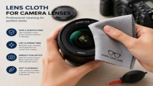 A lens cloth gently cleaning a professional camera lens without leaving lint or residue.