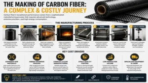 Manufacturing stages explaining how expensive is carbon fiber from precursor fibers to finished composite materials.