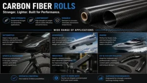 Various applications of carbon fiber rolls in automotive, aerospace, marine, sports, and industrial projects.