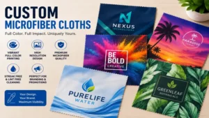 Custom microfiber cloths with full-color printing and vibrant custom artwork for marketing campaigns