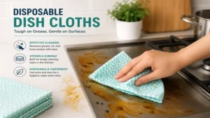 disposable dish cloths removing grease, oil, and food residue from kitchen surfaces with ease