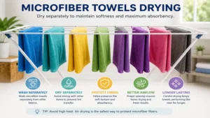 Colorful microfiber towels drying separately to maintain softness and absorbency