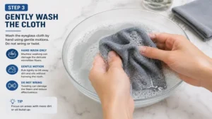 Hand washing a microfiber lens cloth as part of how to wash eyeglass cloth correctly