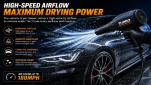 High-speed airflow from a vehicle dryer blower clearing water from vehicle surfaces